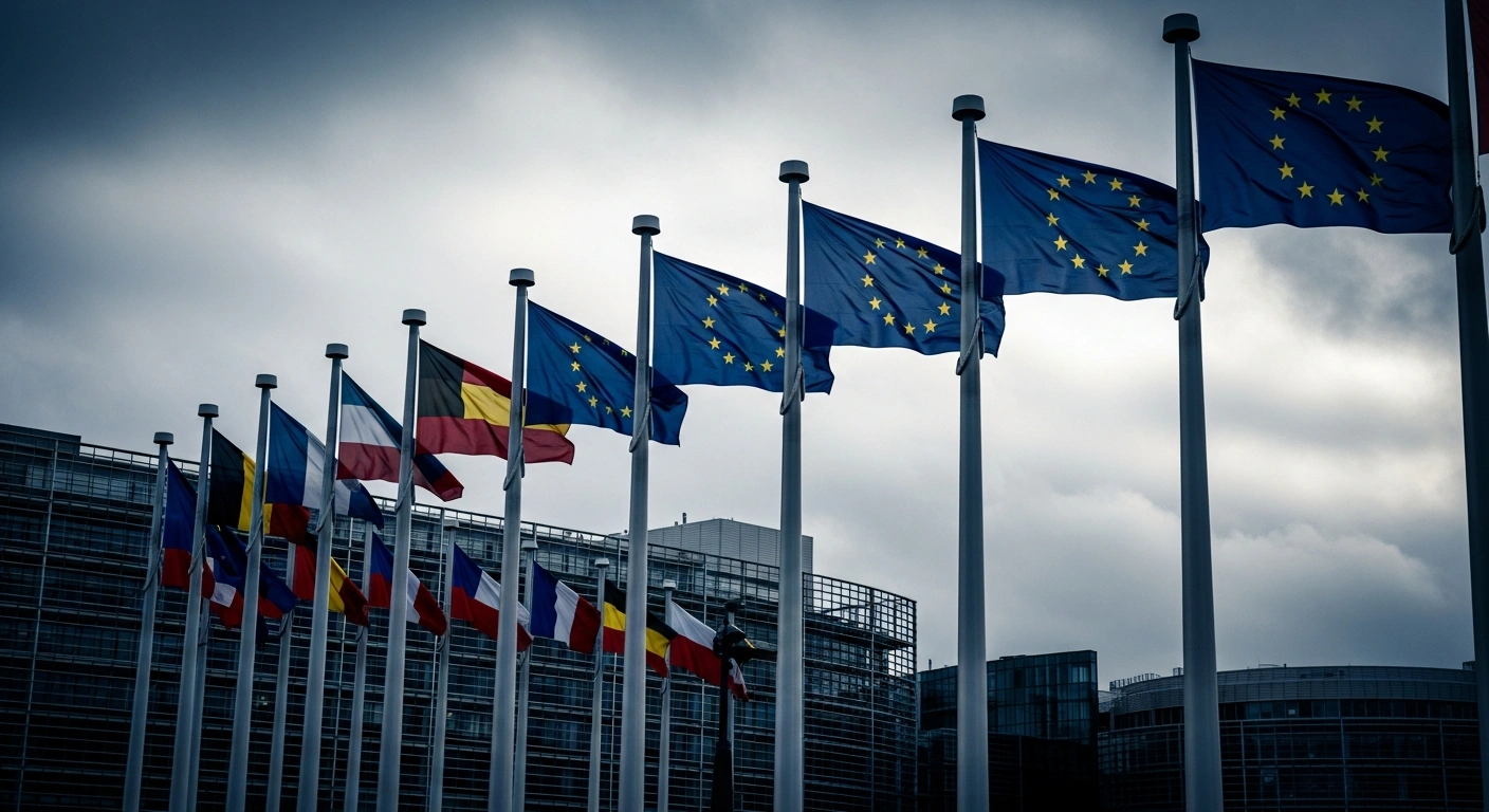 European Union flags fly in front of a government building as the bloc extends sanctions against Russian entities and individuals.