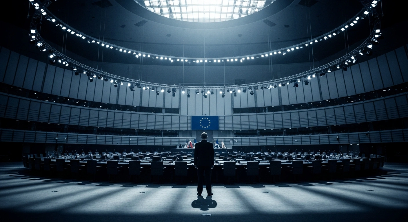 A silhouette of a politician stands in a modern European parliament chamber, representing the push for qualified majority voting in EU foreign policy.