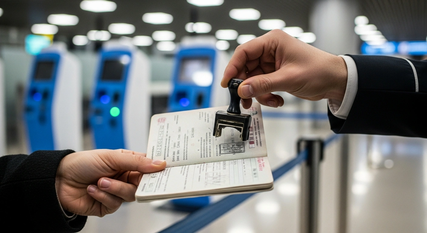 A border agent's hand stamps a passport at a busy French airport terminal, with biometric kiosks visible in the background, illustrating the temporary flexibility granted by the EU to France for manual border checks during the 2026 holiday season.