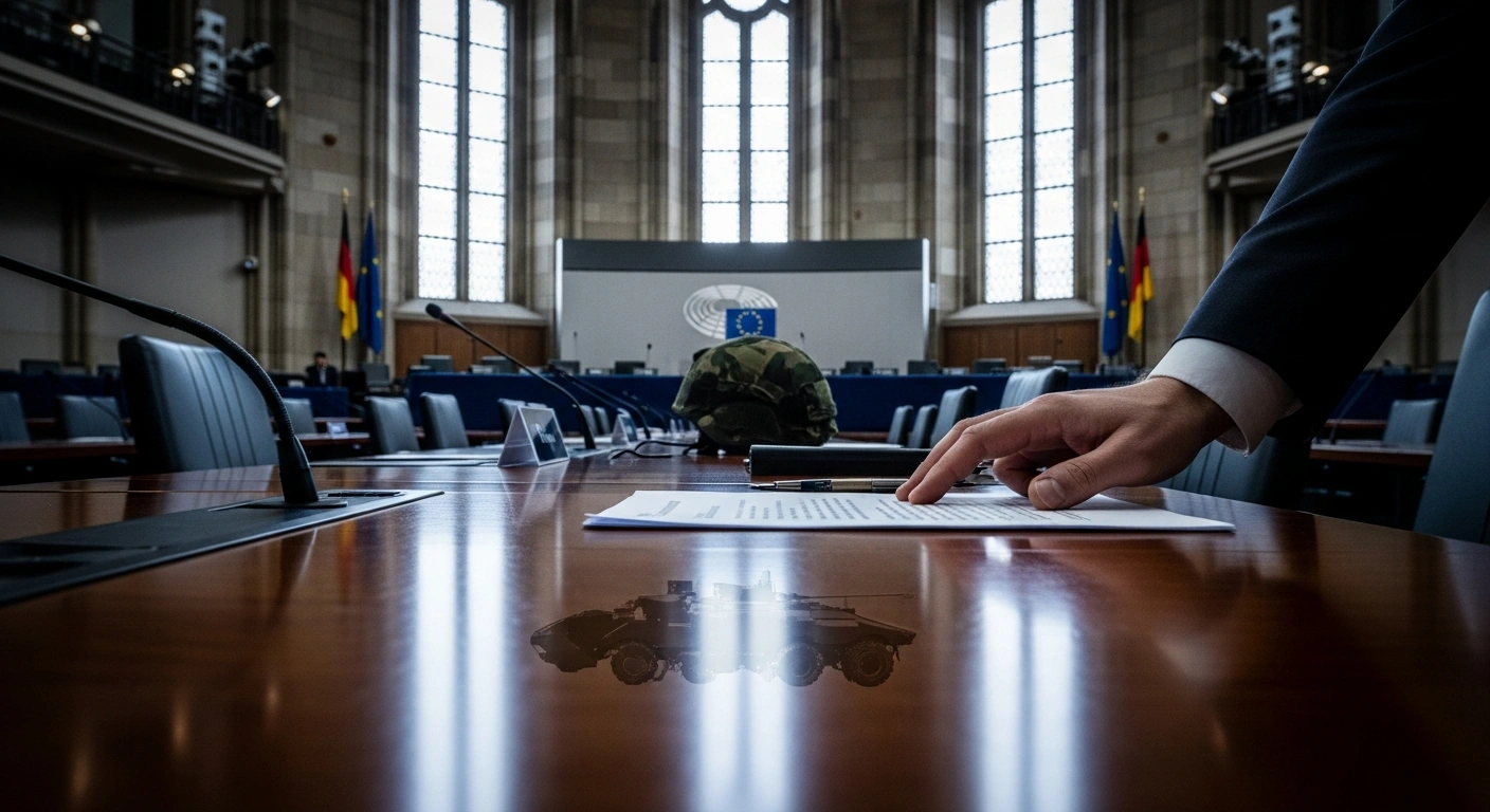 A low-angle, wide shot in a grand European council chamber shows a hand poised over a document on a polished table, with a subtle reflection of military equipment, symbolizing the European Union's decision not to penalize Germany for exceeding its budget deficit due to increased defense spending.