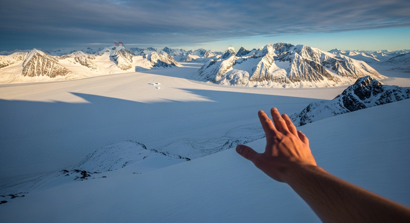 A symbolic image depicting a human hand, representing the European Union, reaching across a vast, sunlit icy landscape of Greenland, signifying increased financial support and the region's geopolitical importance for critical raw materials.