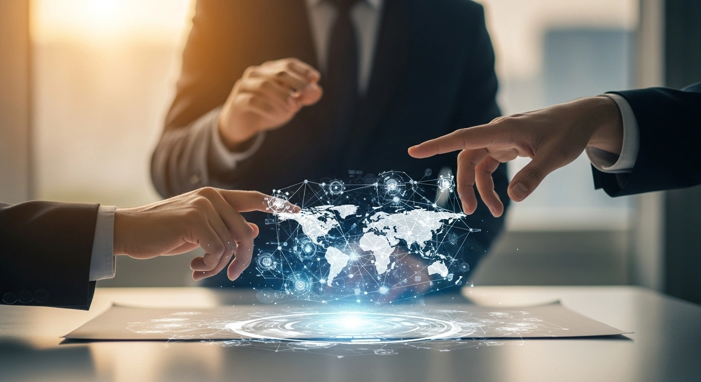 A cinematic shot shows two distinct hands, illuminated by soft golden light, reaching towards a shimmering holographic projection of interconnected global research networks on a futuristic table, symbolizing European and Indian scientific cooperation.