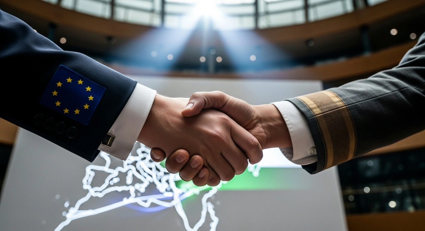 A close-up, low-angle shot shows two hands, one representing the European Union and the other India, engaged in a firm handshake, symbolizing their new strategic agenda and deepening cooperation across trade, technology, defense, security, and climate action.