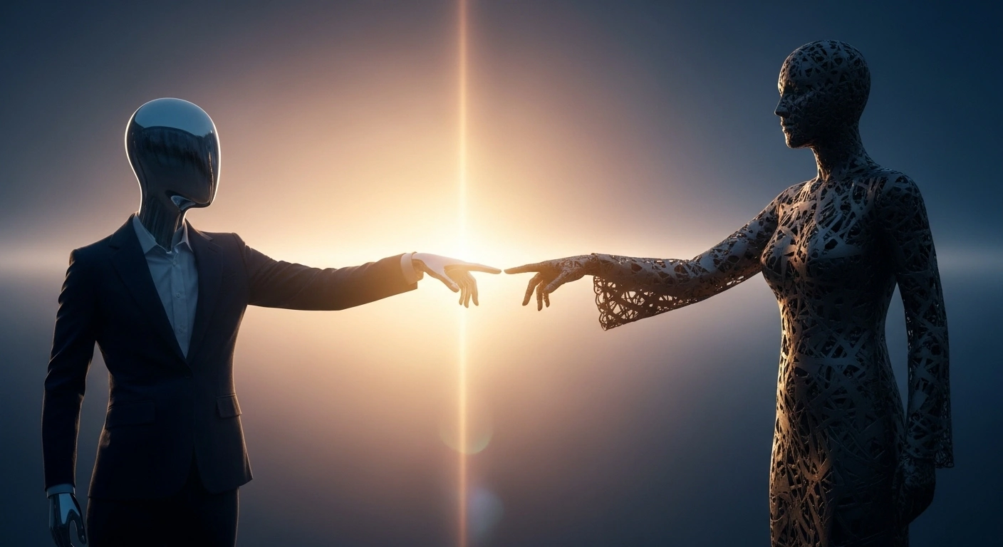 A photorealistic image shows two abstract, towering figures, one representing the European Union and the other India, reaching out with hands almost touching, bathed in warm golden light, while a subtle cool shadow separates their fingertips, symbolizing their strategic partnership despite ongoing disagreements regarding issues like Russian oil and military exercises.
