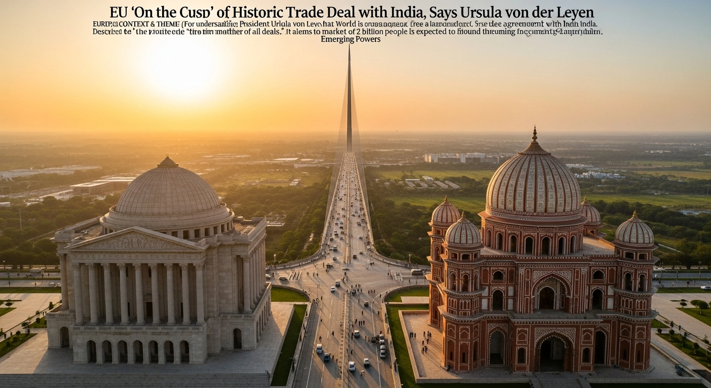 A wide-angle, golden hour shot depicts two monumental, stylized architectural structures, one representing European grandeur and the other Indian heritage, converging and linked by a shimmering bridge against a vast landscape, symbolizing the nearing EU-India free trade agreement.