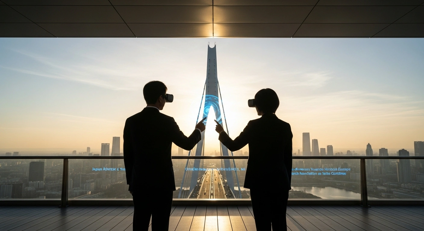Two figures representing Japan and the European Union stand in a futuristic cityscape at dawn, looking at a glowing holographic display, symbolizing their progressing agreement on the €93.5 billion Horizon Europe research and innovation program.