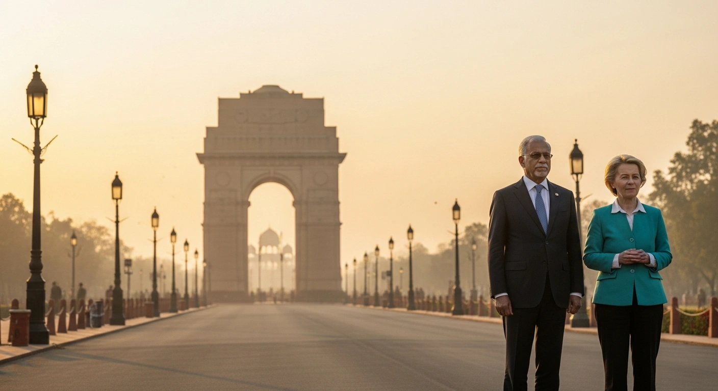 European Council President António Costa and European Commission President Ursula von der Leyen are shown standing with gravitas against a subtly blurred India Gate during their visit to India for the 77th Republic Day celebrations, symbolizing deepening strategic ties and anticipated progress on a Free Trade Agreement.