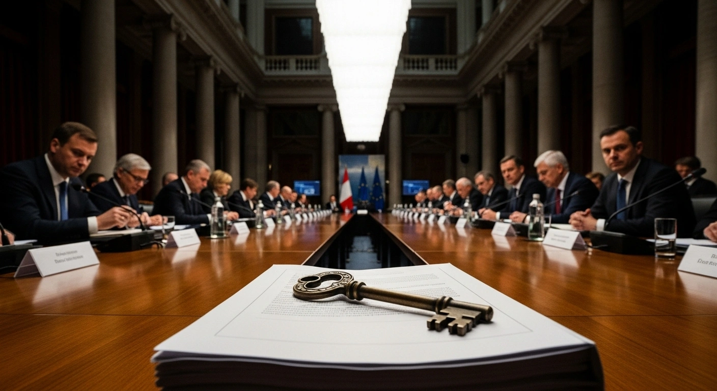 A dramatic low-angle shot of European leaders in a dimly lit Brussels meeting room, gathered around a long table with a frost-covered key on documents, symbolizing their commitment to Ukraine's financial needs for 2026-2027 and new sanctions against Russia, amidst discussions on frozen Russian assets and Belgian objections.