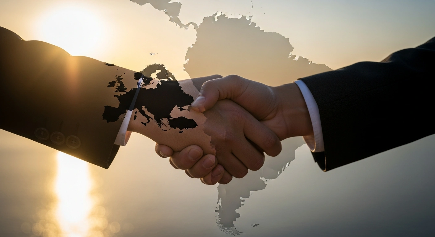 A close-up photograph depicts two hands, one symbolizing the European Union and the other Mercosur, clasped firmly in a handshake under warm golden light, representing their comprehensive trade agreement after 25 years of negotiations to create one of the world's largest free trade zones, with a subtly blurred background showing merging continents and a faint suggestion of agricultural opposition.