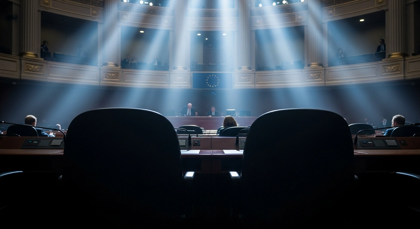Empty chairs sit in a dimly lit European Union parliamentary chamber during a vote on safeguard measures for farmers regarding the Mercosur trade agreement.