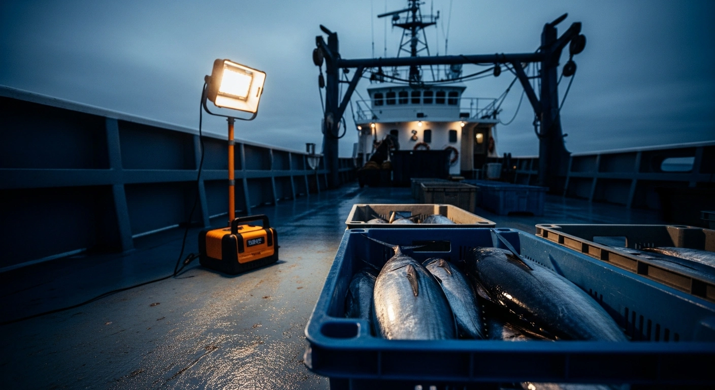 A commercial fishing vessel deck is illuminated by work lights as inspectors examine tuna exports for sanitary and sustainability compliance before shipment to the European Union.