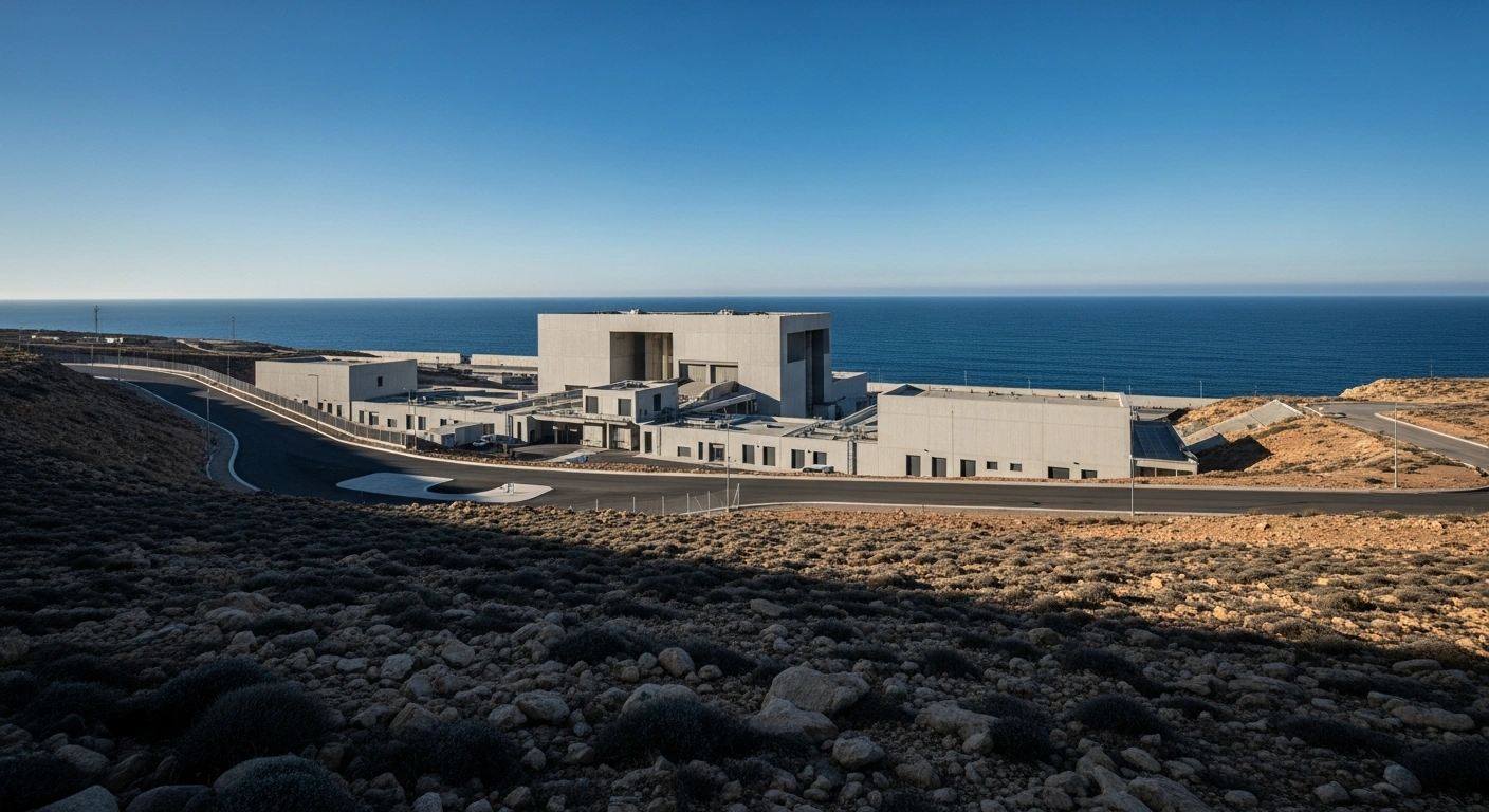 A modern migration processing facility stands on a remote Mediterranean coastline as part of new European Union asylum regulations.