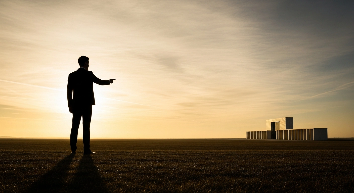 A solitary figure, representing a Dutch migration minister, stands silhouetted against a golden-hour sky on a vast plain, gesturing towards a distant, modern architectural structure, symbolizing the new EU agreement on returning third-country nationals.
