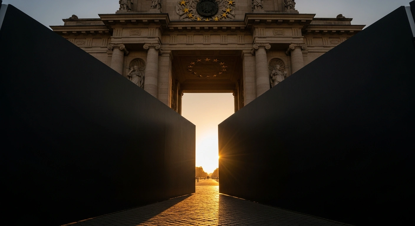 A grand, symbolic gateway, adorned with European unity motifs, stands ajar and illuminated by golden hour light, revealing a clear path forward, while an imposing barrier in the foreground casts a receding shadow, symbolizing the European Union advancing Moldova's accession talks despite circumventing Hungary's previous veto.