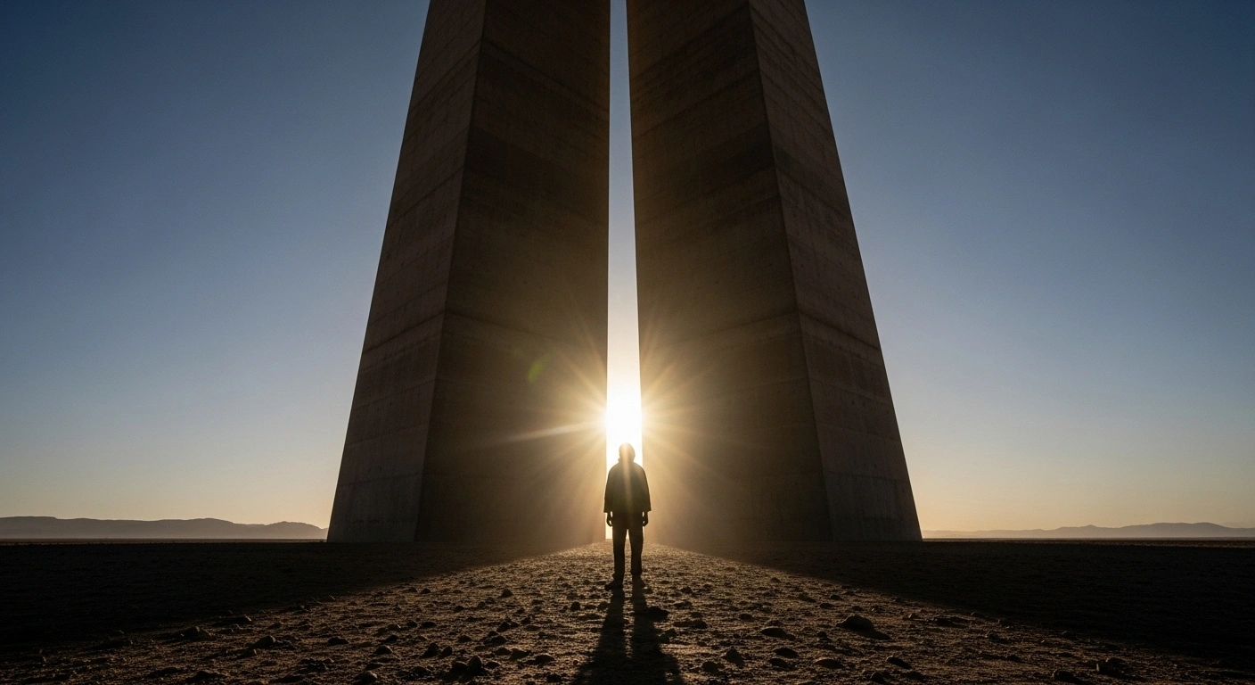 A symbolic image showing a large, imposing structure, representing the EU-Morocco trade agreement, casting a long shadow over a desolate desert where a lone, defiant figure, symbolizing the Sahrawi people, stands in protest against the agreement's perceived violation of international law and their right to self-determination in Western Sahara.