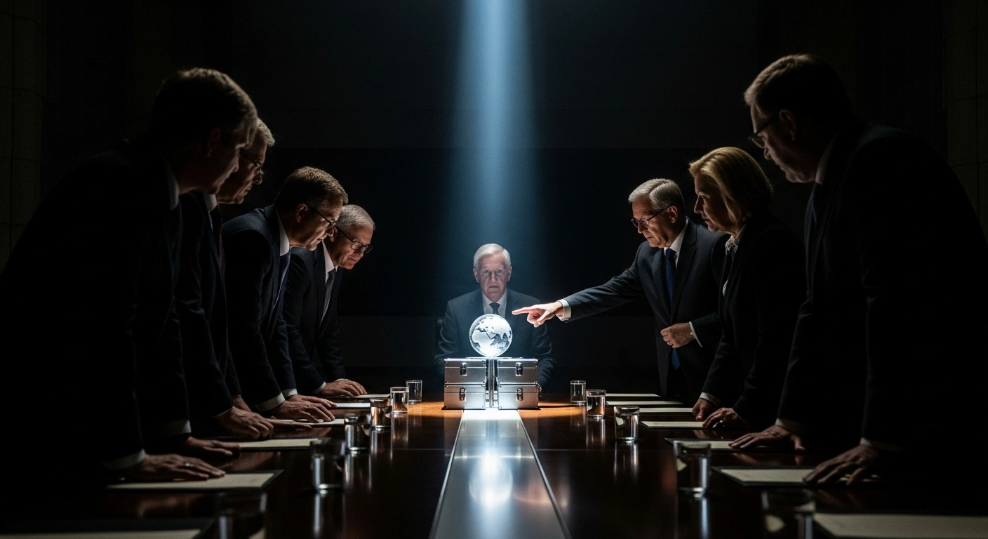 A dramatic, low-key image shows a central figure, representing the German Chancellor, illuminated by a cool, icy light at a grand conference table, gesturing towards a symbolic frosted globe representing frozen assets. Surrounding figures, representing EU nations, are in silhouette, leaning in, conveying intense deliberation over shared risks for Ukraine.