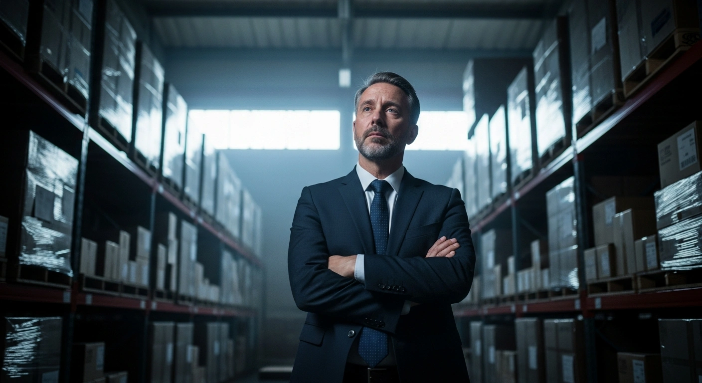 A small business owner stands in a warehouse filled with packaging materials while reflecting on the financial impact of new EU sustainability regulations in Belgium.