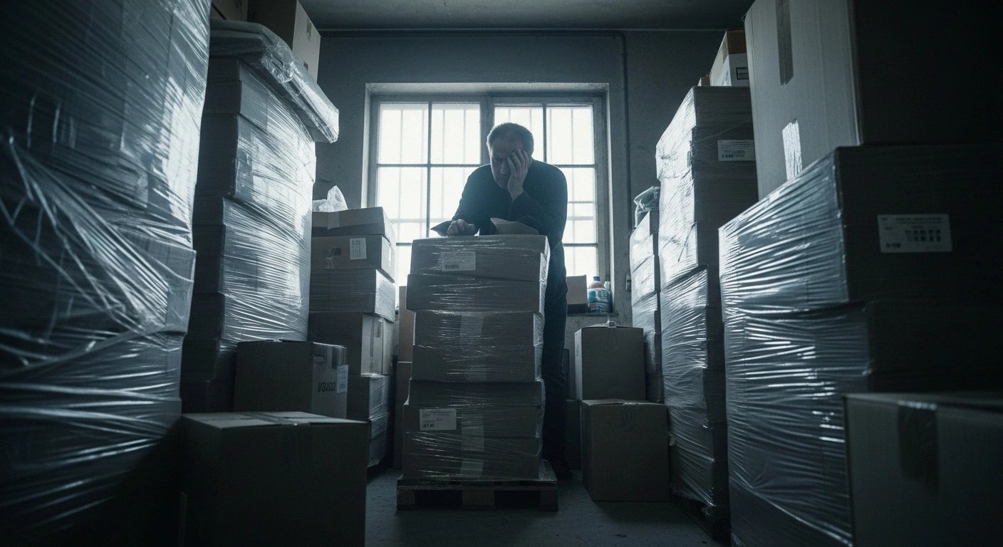 A small business owner in Belgium looks concerned while standing amidst piles of packaging waste, reflecting the challenges of new EU sustainability regulations.