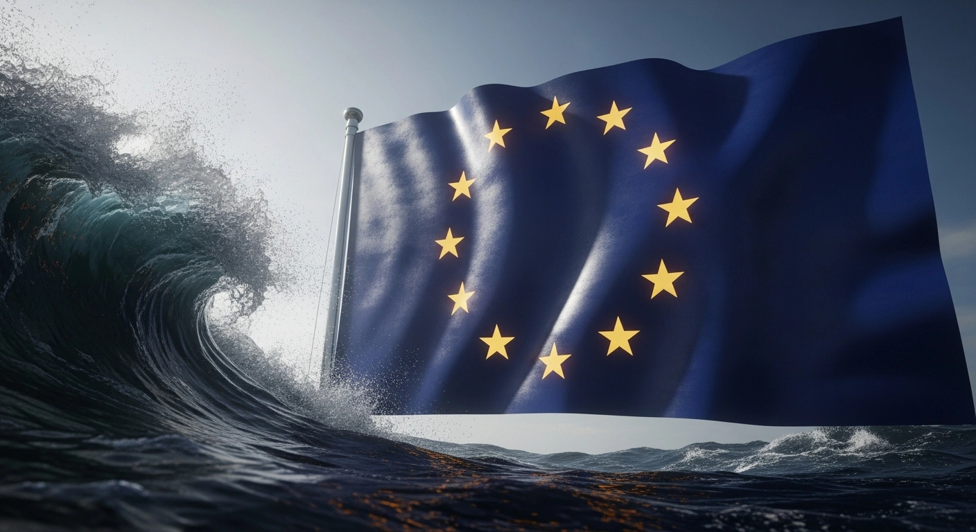 A stylized, metallic European Union flag stands firm against a turbulent, dark wave, symbolizing French President Emmanuel Macron's call for the EU to assert itself as a world power and protect European industries from a 'tsunami' of cheap Chinese goods.