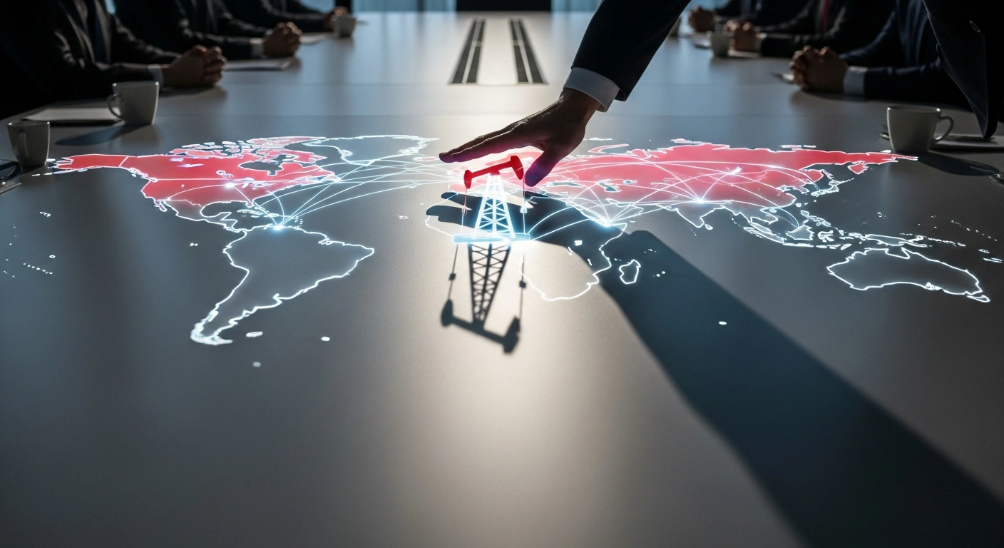 A dramatic, low-angle shot of a conference table with a holographic world map highlighting Russia, China, and India, where a hand firmly presses down on a stylized oil derrick icon, symbolizing the EU's 'maximum pressure' initiative to stop China and India from buying Russian energy and diminish Moscow's economic revenue for war efforts.