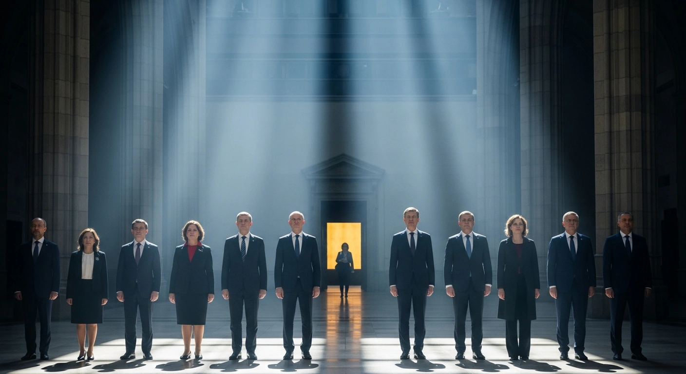 European Union foreign ministers stand in a formal hall to demonstrate their unified rejection of Russian influence over Ukrainian peace negotiations.