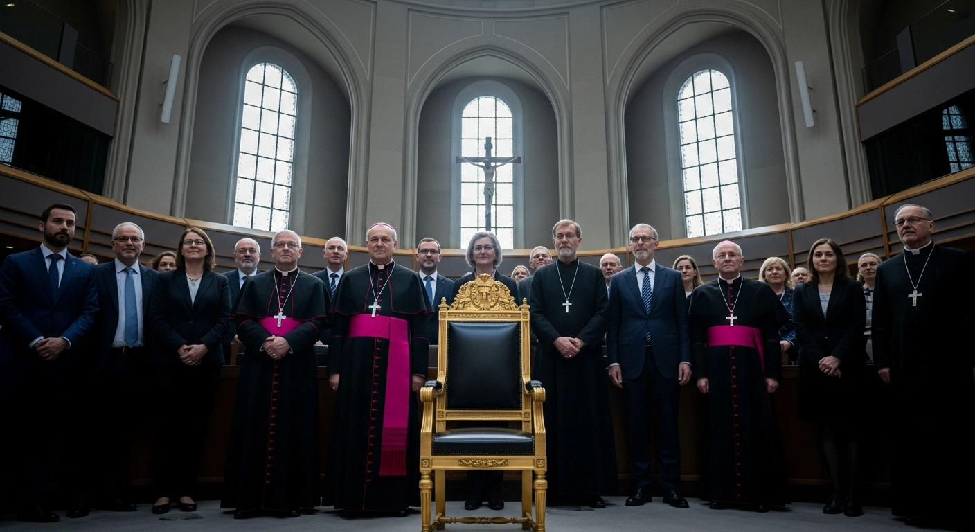 A low-angle shot depicts a diverse group of European lawmakers, bishops, and civil organization representatives standing solemnly in a grand European hall, illuminated by soft light, looking towards an ornate, empty chair, symbolizing the urgent call for an EU special envoy for religious freedom and a coordinator to combat anti-Christian hatred.