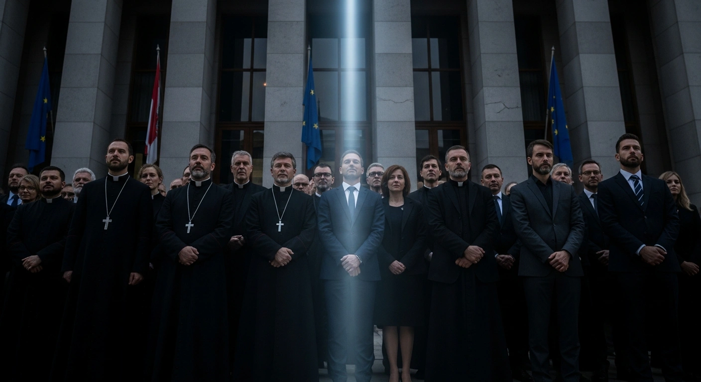 A diverse group of European lawmakers, bishops, and civil organization representatives stand before a grand, dimly lit European Parliament building, illuminated by a single beam of light, symbolizing their intensified calls for an EU special envoy for religious freedom and a coordinator for anti-Christian hatred.