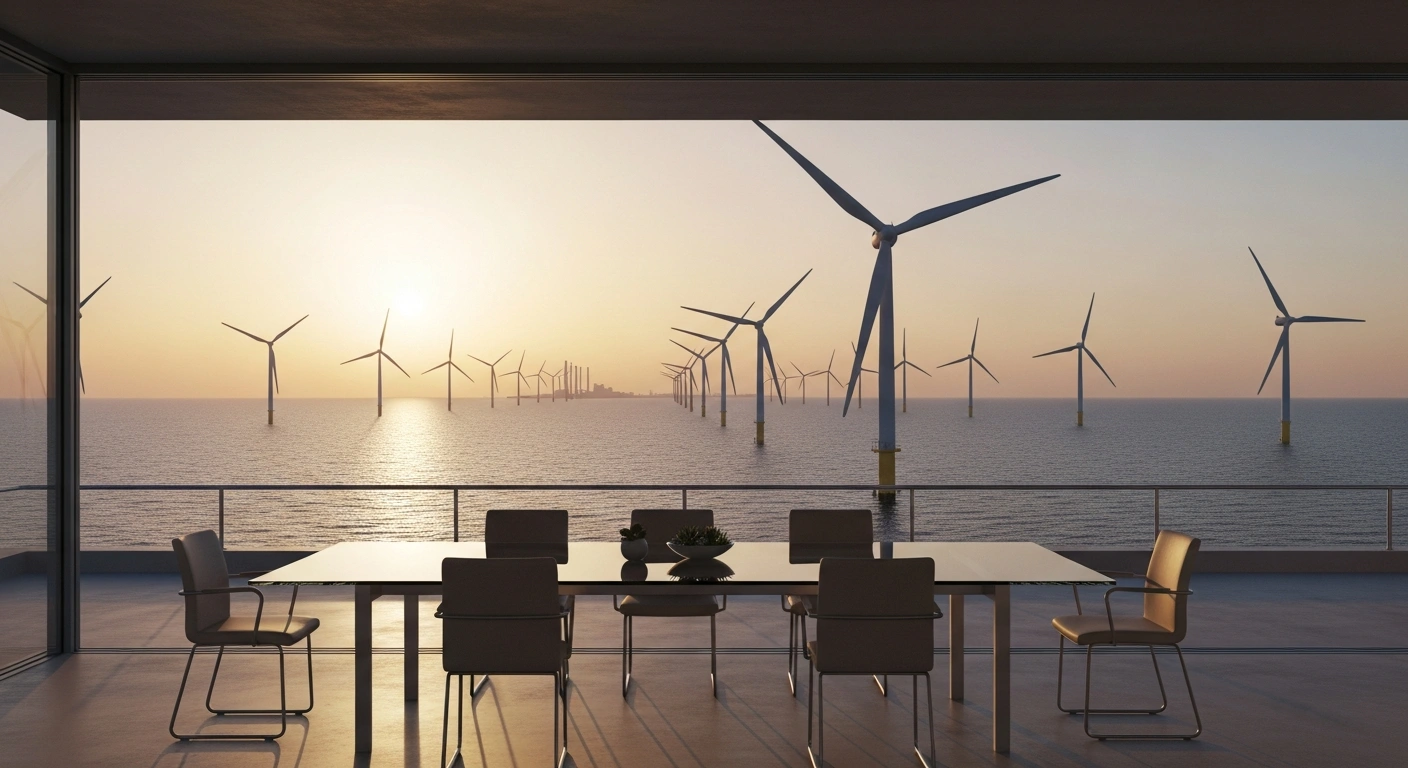 A scenic view of offshore wind turbines at sunset represents the European Union's shift toward renewable energy and the phaseout of fossil fuels.