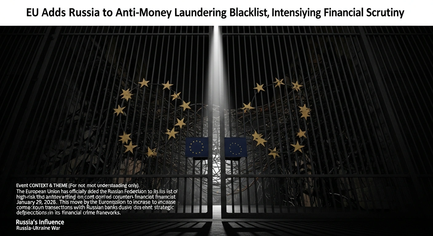 A massive, ornate iron gate, emblazoned with European Union star motifs, slowly closes, symbolizing the European Union's decision to add the Russian Federation to its high-risk list for anti-money laundering and counter-terrorist financing, aiming to increase costs and slow transactions with Russian banks due to financial crime deficiencies.