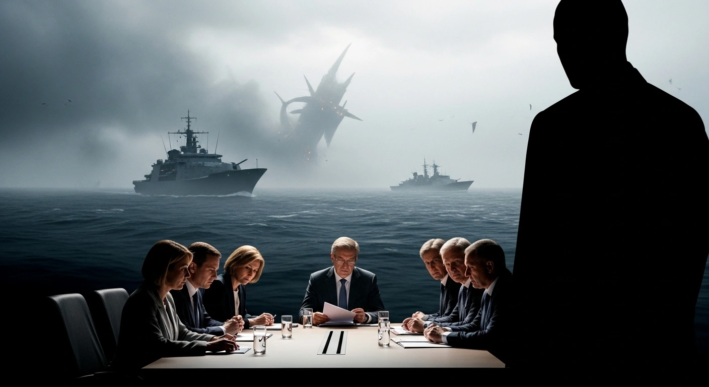 A dramatic low-angle image shows a silhouetted figure, representing US President Donald Trump's demands, casting a long shadow over European Union officials who are pausing their 19th sanctions package against Russia, with a dark 'shadow fleet' visible in the turbulent background.