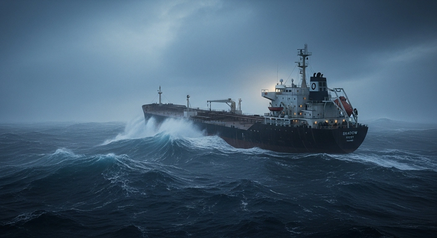 A weathered, nondescript oil tanker, part of a 'shadow fleet,' is depicted struggling in a turbulent, stormy ocean under a twilight sky, visually representing the intensified pressure from the European Commission's 19th sanctions package against Russia, which includes measures like an accelerated LNG ban, a lower oil price cap, and targeting of financial evasion schemes.