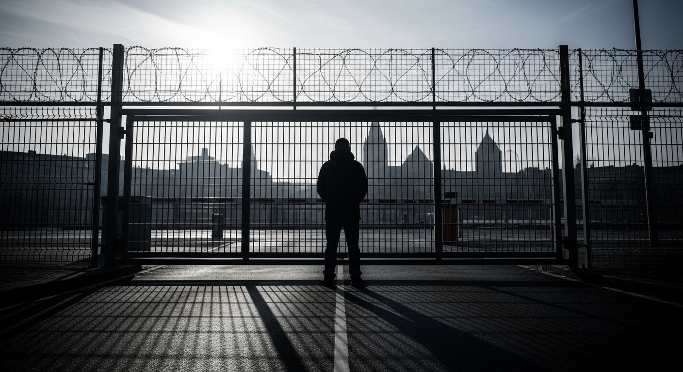 A solitary Russian traveler stands with their back to the camera before a stark, imposing border crossing, symbolizing the European Union's new policy of issuing only single-entry visas to Russian nationals due to escalating security concerns linked to the conflict in Ukraine.