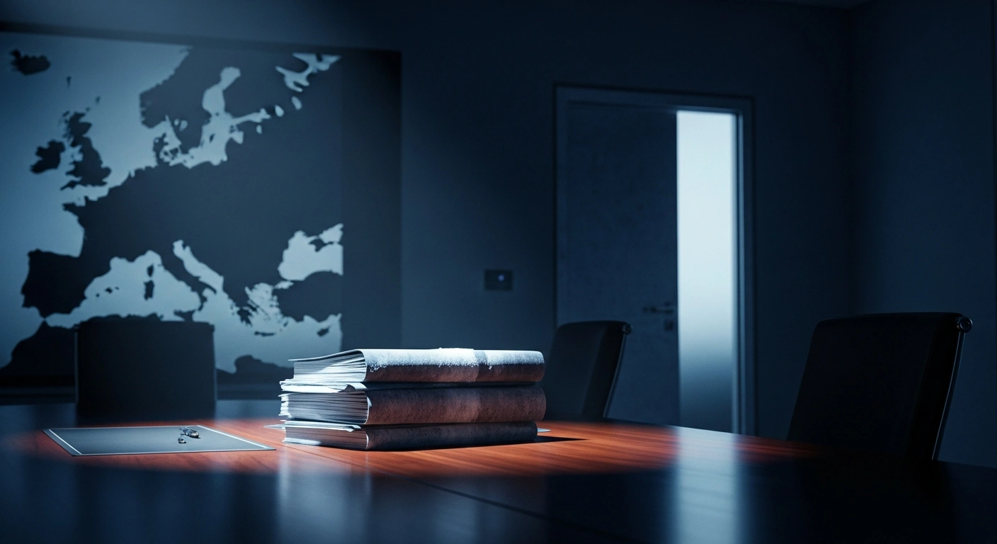 A symbolic representation of European Union sanctions against the Russian Federation featuring a cold, dimly lit boardroom with restricted financial documents.