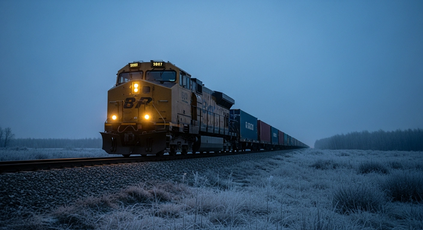 A freight train travels across a border landscape as the European Union enforces sanctions on Belarusian transit.