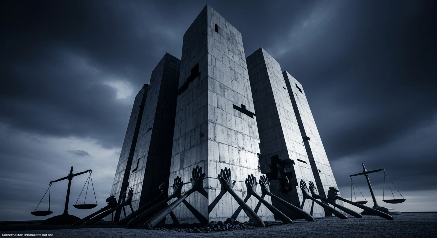 A monumental, brutalist steel fortress, symbolizing the European Union's new measures to shield Russia-related sanctions, stands under a stormy sky, while ethereal, claw-like legal gavels and scales press against its base, representing investor-state dispute settlement claims and the potential undermining of international legal frameworks.