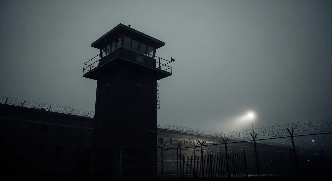 A bleak, high-security prison watchtower stands under a dark winter sky, representing the penal colony system where Alexei Navalny died.