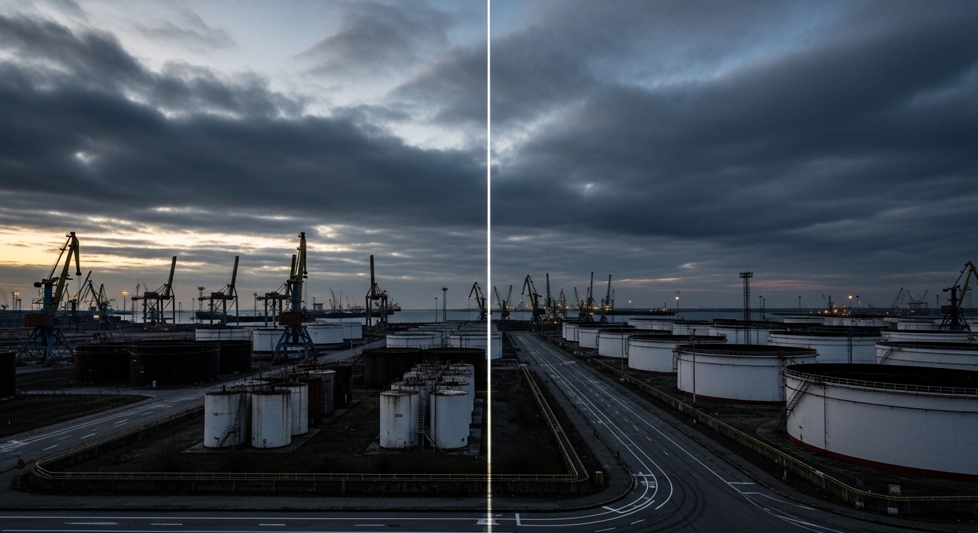 A wide, low-angle shot captures a desolate industrial port at twilight, featuring dormant cargo cranes and empty oil storage tanks under heavy clouds, visually representing the European Union's 20th package of sanctions designed to restrict Russia's revenue streams by targeting its energy sector, financial services, and trade, including a maritime services ban on crude oil and new restrictions on banking and critical goods.