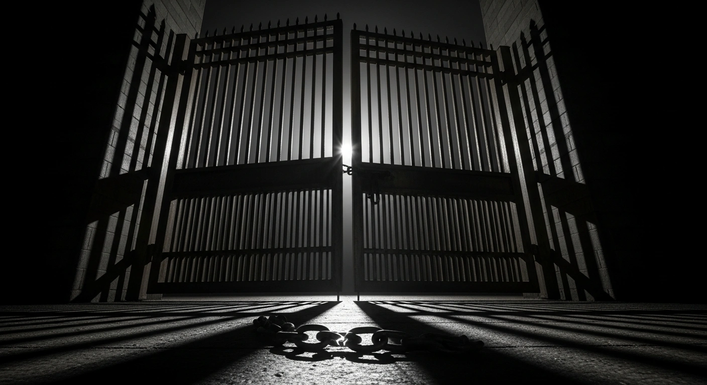 A heavy, weathered iron gate, partially open, with a broken chain lying on the ground under moonlight, visually representing the restrictive measures imposed by the Council of the European Union on ten Russian officials for severe human rights violations, including the cruel treatment of Ukrainian prisoners of war, the death of journalist Viktoria Roshchyna, and the repression of civil society.