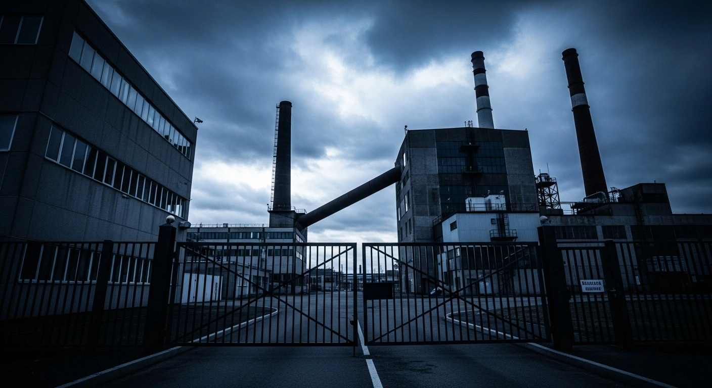 A dark, industrial missile production facility is shown behind a locked gate, representing the European Union sanctions imposed on Russian military-industrial figures.