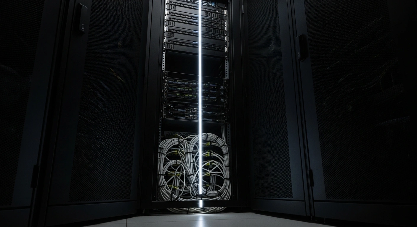 A dramatic, low-angle shot of a towering, monolithic server rack, partially shrouded in deep shadows, with a single, intense beam of light illuminating a complex network of tangled cables at its base, symbolizing the European Commission's formal investigation into SAP's alleged anti-competitive practices in ERP software maintenance.
