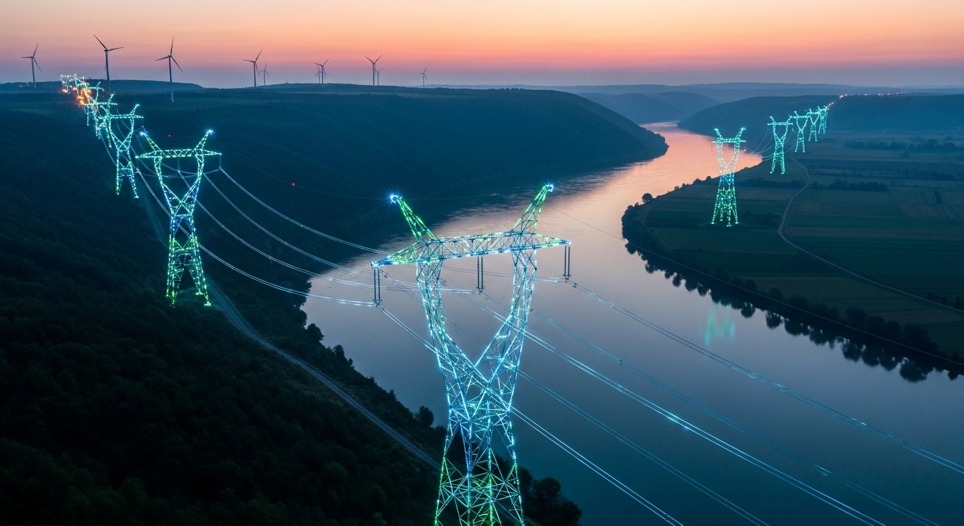 A wide-angle drone shot at dawn shows modern high-voltage power lines glowing electric blue and green as they span a river valley, symbolizing a cross-border smart energy network connecting regions like Romania and Bulgaria, enhancing efficiency and enabling renewable energy flow.