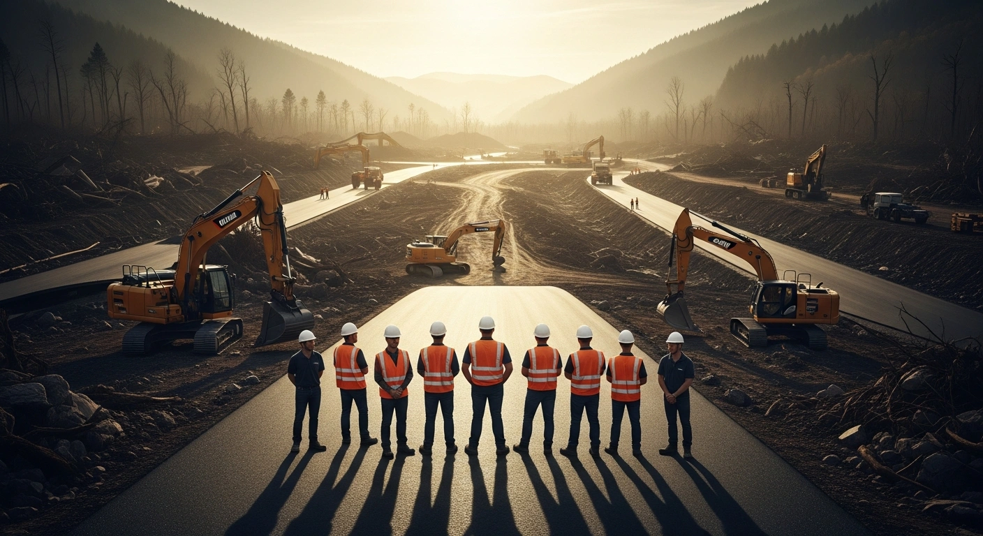 Construction workers and engineers oversee infrastructure recovery efforts in a European region following severe climate-related disasters.