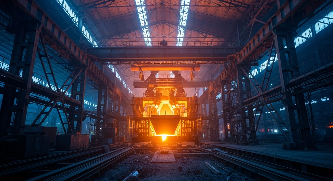 A modern industrial steel mill operates under strict European Union trade regulations to protect domestic steel production.