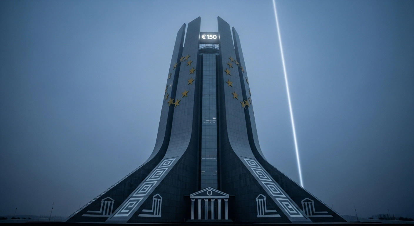 A towering, sleek, and futuristic defense structure, stylized as a unified European shield with subtle Greek architectural motifs at its base, is illuminated by a powerful beam of light representing the €150 billion Security Action for Europe (SAFE) program, symbolizing the EU's bolstered defense capabilities and strategic autonomy.