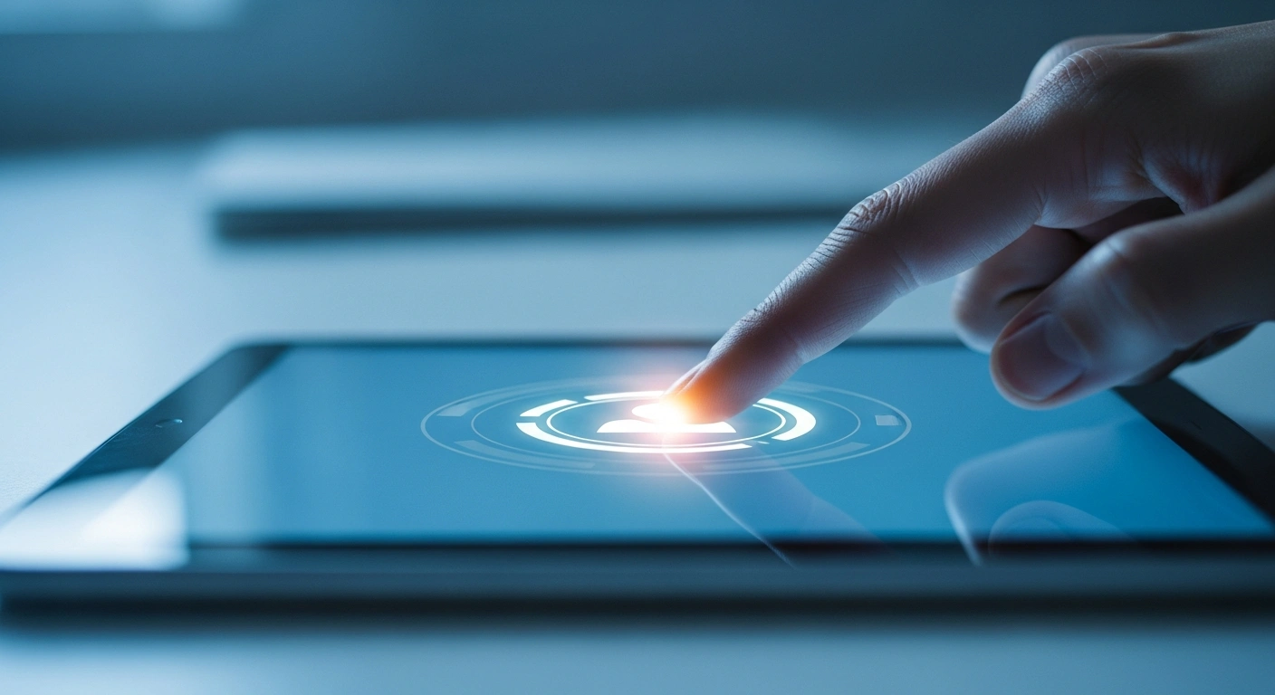 A person prepares to press a digital cancellation button on a tablet screen to terminate a subscription under new EU consumer protection regulations.