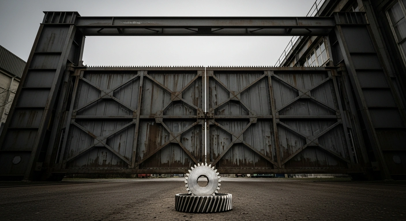 A large, imposing, closed steel gate with a discarded cogwheel on the ground, symbolizing the European Parliament's International Trade Committee's rejection of Switzerland's request for exemption from new EU steel tariffs and the imposition of a 50% tariff on out-of-quota steel imports.