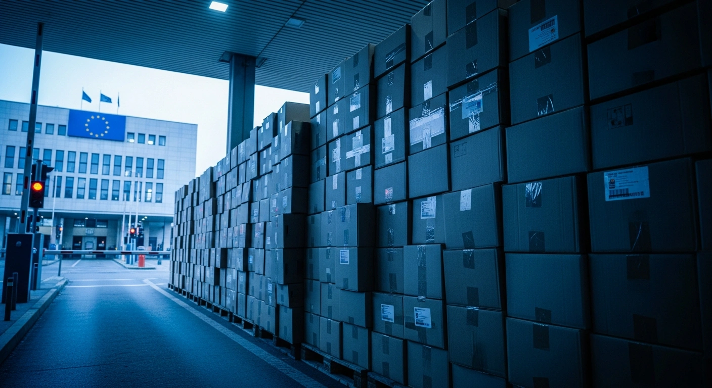A low-angle shot shows a large stack of generic cardboard boxes, symbolizing cross-border imports of tobacco and alcohol, at a dimly lit European Union border checkpoint, representing stricter limits and efforts to curb illicit trade and safeguard public health, as pushed by member states like Estonia.