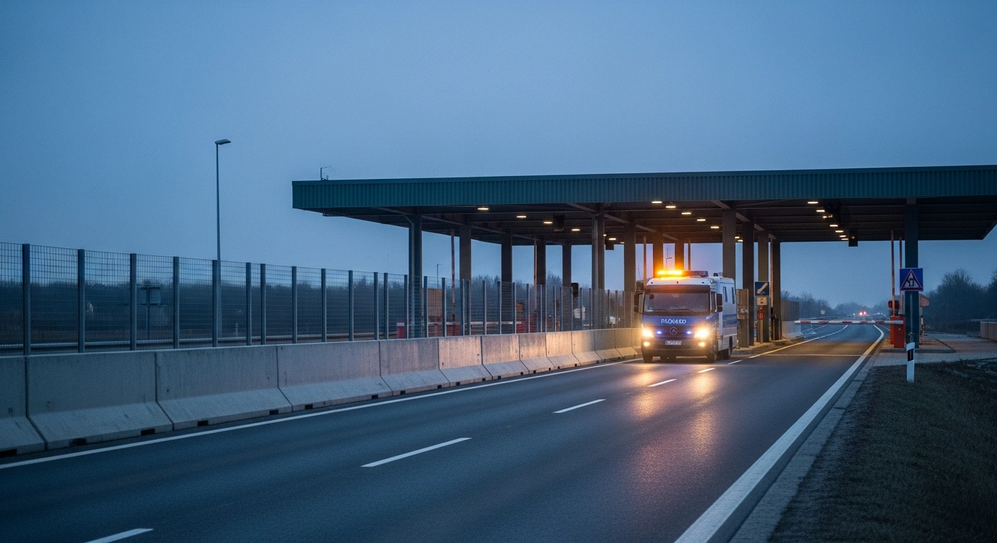 A European border crossing at dawn with a customs vehicle and a new barrier, symbolizing stricter EU limits on cross-border tobacco and alcohol imports to combat illicit trade and recover lost tax revenues, as advocated by Estonia and other EU states.
