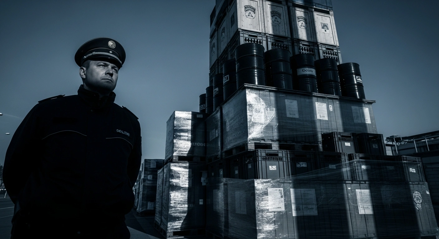 A stern customs officer stands guard at a European border checkpoint at dusk, overseeing crates and barrels symbolizing cross-border tobacco and alcohol imports, representing EU member states' efforts to impose stricter limits to combat illicit trade, address public health concerns, and prevent revenue loss.