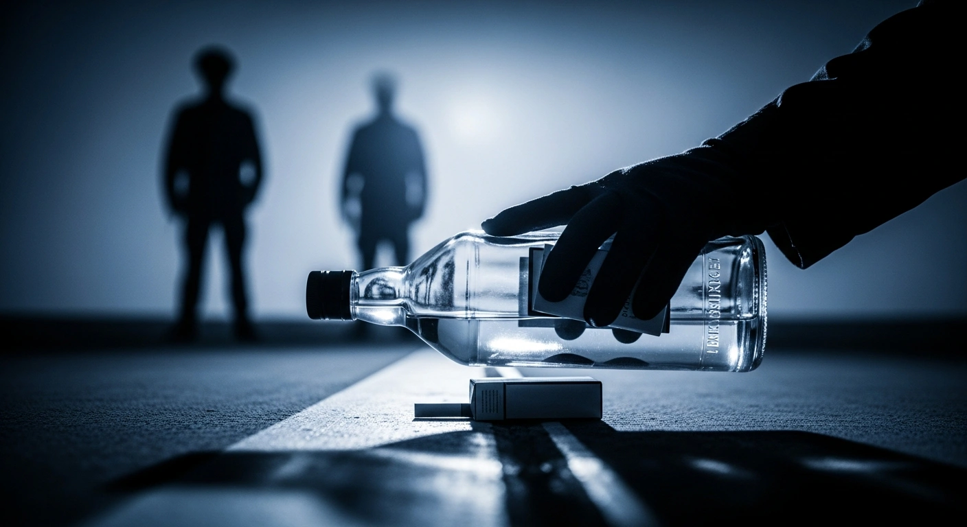 A high-contrast, low-angle photograph shows a hand pushing a bottle of spirits and a cigarette pack across a border line, with a shadowed official figure in the background, symbolizing stricter EU limits on cross-border tobacco and alcohol imports to curb illicit trade.